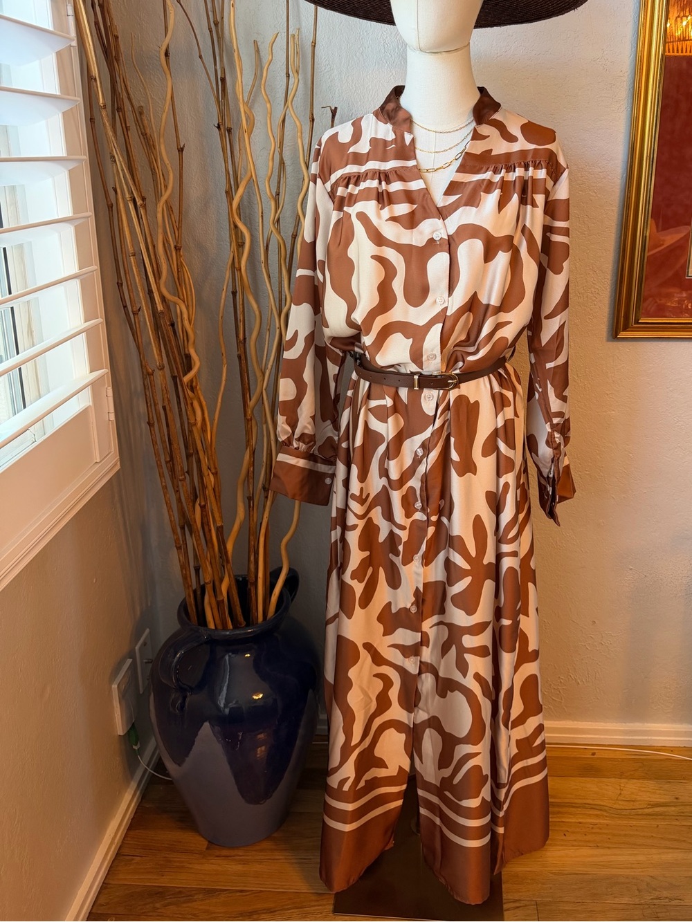 NWT ITOO Made in Italy Abstract Brown & Cream Maxi Shirt Dress with Belt Sz Smal
